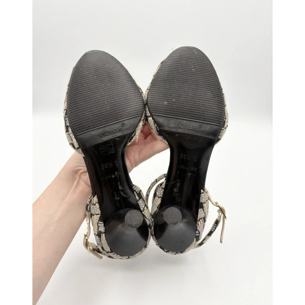 Chanel S/S 2005 Blue & White Tweed Heels w/ Black Bow Accent Vintage EU 36.5
